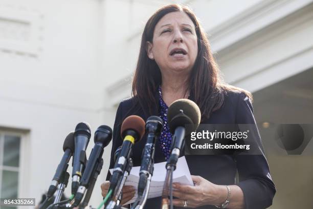 Elaine Duke, acting secretary of Homeland Security, speaks during a press conference with Brock Long, administrator of the Federal Emergency...