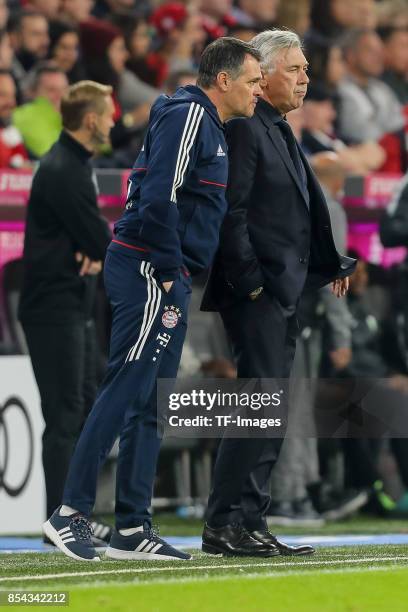 Willy Sagnol of Bayern Muenchen and Head coach Carlo Ancelotti of Bayern Muenchen looks on during the Bundesliga match between FC Bayern Muenchen and...
