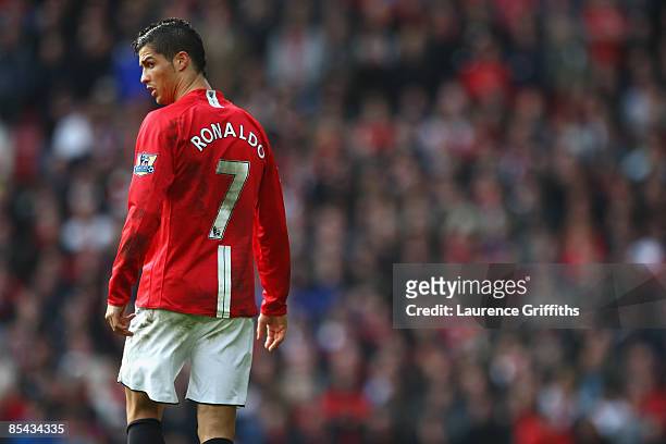 Cristiano Ronaldo of Manchester United looks on during the Barclays Premier League match between Manchester United and Liverpool at Old Trafford on...