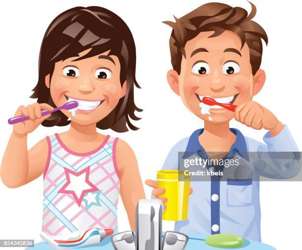children brushing teeth - toothbrush white background stock illustrations