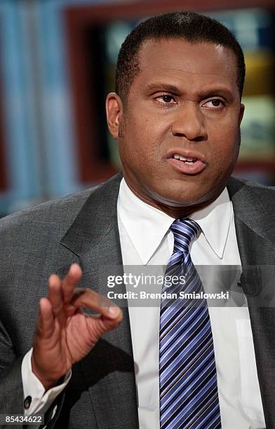 Tavis Smiley, host of PBS's Tavis Smiley and PRI's The Tavis Smiley Show, speaks during a live taping of 'Meet the Press' at NBC studios March 15,...