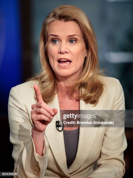 Katty Kay, Washington Correspondent for BBC World News America, speaks during a live taping of 'Meet the Press' at NBC studios March 15, 2009 in...