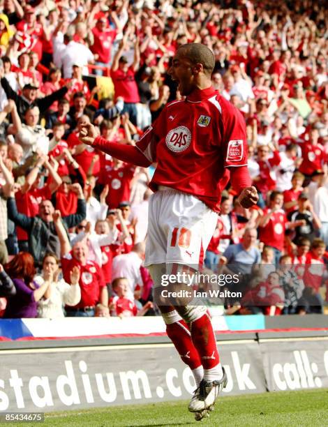 Nicky Maynard of Bristol City celebrates scoring his team's first goal during the Coca-Cola Championship match between Bristol City and Cardiff City...