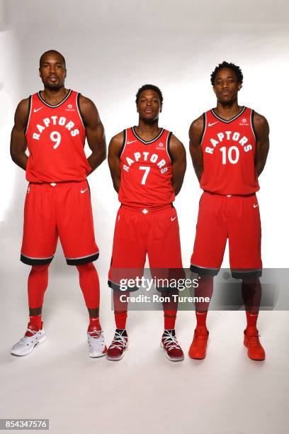 Serge Ibaka, Kyle Lowry and DeMar DeRozan of the Toronto Raptors pose for a portrait during Media Day on September 25, 2017 at the BioSteel Centre in...