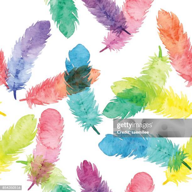watercolor seamless pattern with colorfull feathers - falling feathers stock illustrations