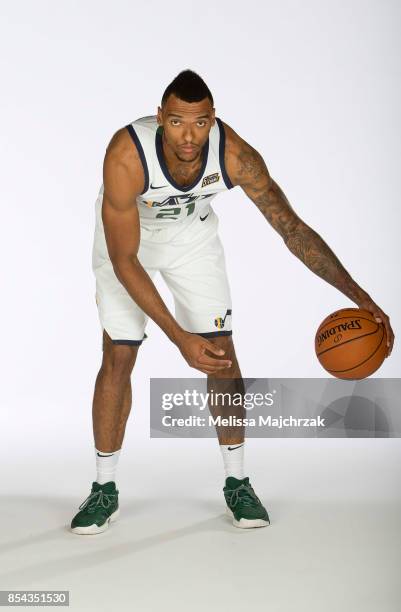 Joel Bolomboy of the Utah Jazz poses for a photo during media day at Zions Bank Basketball Center on September 25, 2017 in Salt Lake City, Utah. NOTE...