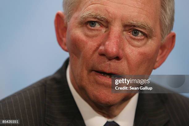 German Interior Minister Wolfgang Schaeuble speaks to the media at a meeting of the G6 group of nations' interior ministers at Villa Borsig on March...