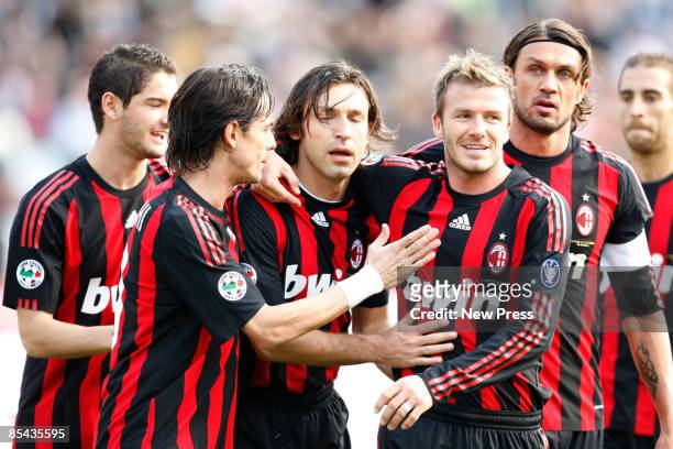 David Beckham and fellow team mates of Milan Team celebrate during the Serie A match between AC Siena and AC Milan at the Artemio Franchi Stadio on...
