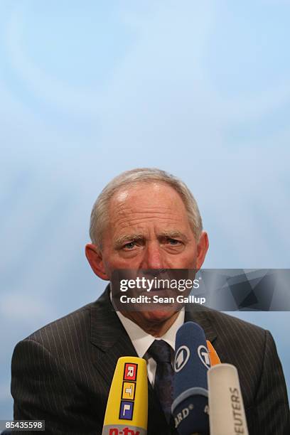 German Interior Minister Wolfgang Schaeuble speaks to the media at a meeting of the G6 group of nations' interior ministers at Villa Borsig on March...