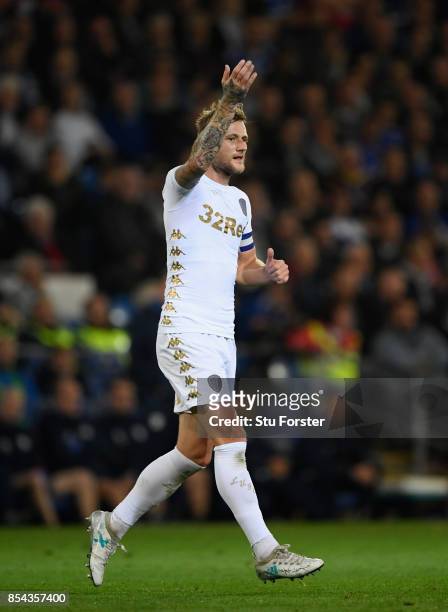 Leeds captain Liam Cooper reacts during the Sky Bet Championship match between Cardiff City and Leeds United at Cardiff City Stadium on September 26,...