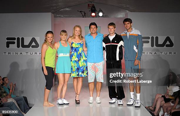 Agnes Szavay, Anna Chakvetadze, Caroline Wozniacki, Taylor Dent, Andreas Seppi, and Marin Cilic during the Fashion Show at the BNP Paribas Open at...