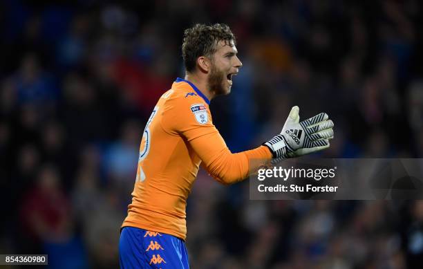 Leeds goalkeeper Felix Wiedwald reacts during the Sky Bet Championship match between Cardiff City and Leeds United at Cardiff City Stadium on...