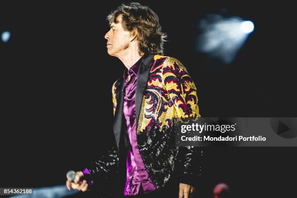 Mick Jagger, singer of the british Rock band The Roling Stones, performs at Lucca Summer Festival. Lucca , September 23, 2017.