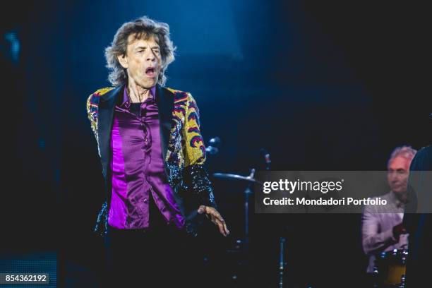 Mick Jagger, singer of the british Rock band The Roling Stones, performs at Lucca Summer Festival. Lucca , September 23, 2017.