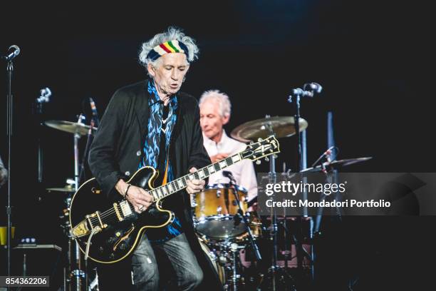 Keith Richards and Charlie Watts, guitarist and drummer of british Rock band The Roling Stones, performs at Lucca Summer Festival. Lucca , September...