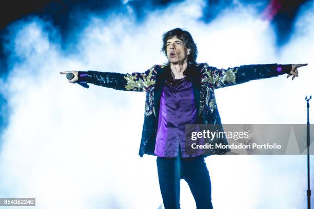 Mick Jagger, singer of the british Rock band The Roling Stones, performs at Lucca Summer Festival. Lucca , September 23, 2017.