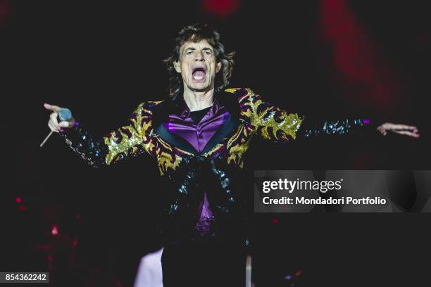 Mick Jagger, singer of the british Rock band The Roling Stones, performs at Lucca Summer Festival. Lucca , September 23, 2017.