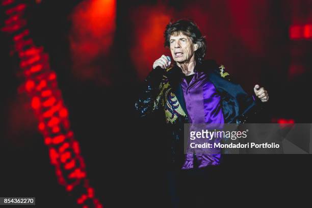 Mick Jagger, singer of the british Rock band The Roling Stones, performs at Lucca Summer Festival. Lucca , September 23, 2017.