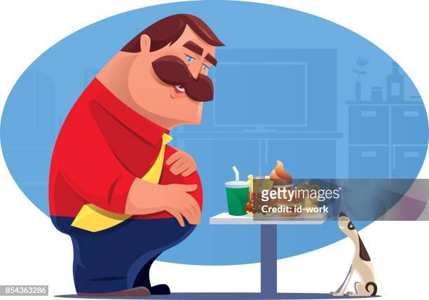 illustrazioni stock, clip art, cartoni animati e icone di tendenza di uomo grasso con cibo spazzatura - fat guy