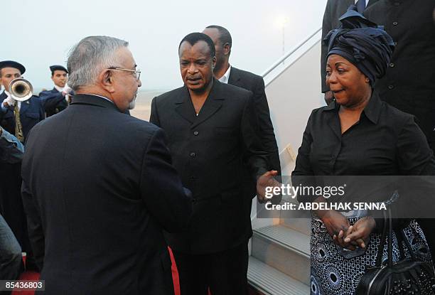 The late first lady of Gabon's father and president of Congo Denis Sassou Nguesso ,and his wife are greeted by Moroccan Justice Minister Abdeouahed...