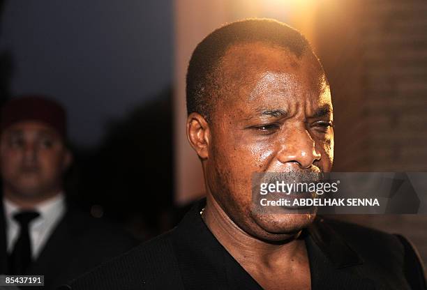 The late first lady of Gabon's father and president of Congo Denis Sassou Nguesso arrives to Rabat International airport on March 15, 2009. Gabon's...