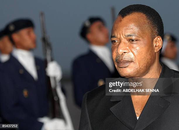 The late first lady of Gabon's father and president of Congo Denis Sassou Nguesso arrives to Rabat International airport on March 15, 2009. Gabon's...