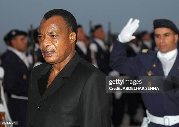 The late first lady of Gabon's father and president of Congo Denis Sassou Nguesso walks on arrival to Rabat International airport on March 15, 2009....