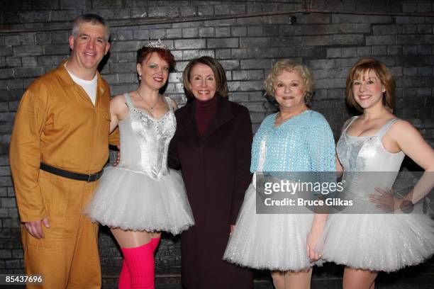 Gregory Jbara, Leah Hocking, United States House of Representatives Speaker Nancy Pelosi, Carole Shelley and Stephanie Kurtzuba pose backstage at...