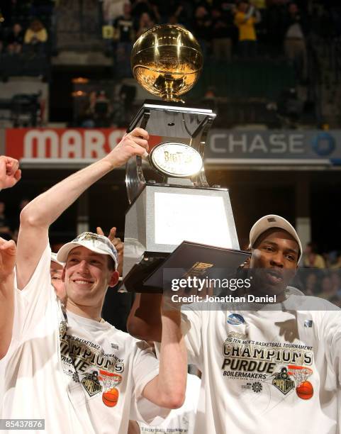 Tournamnet Most Outstanding Player Robbie Hummel and JaJuan Johnson of the Purdue Boilermakers celebrate with the Big Ten tournamnet championship...
