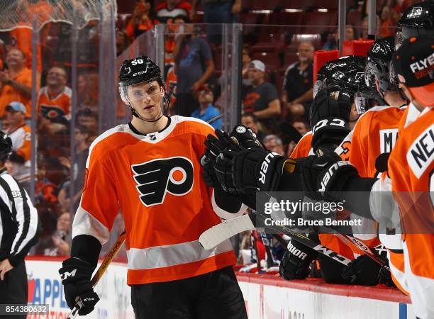 Samuel Morin of the Philadelphia Flyers celebrates his goal at 18:36 of the first period against the New York Rangers during a preseason game at the...