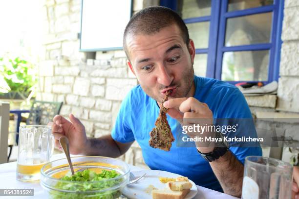 young man having lunch at traditional greek taverna, zagoria / epirus, greece - epirus greece fotografías e imágenes de stock