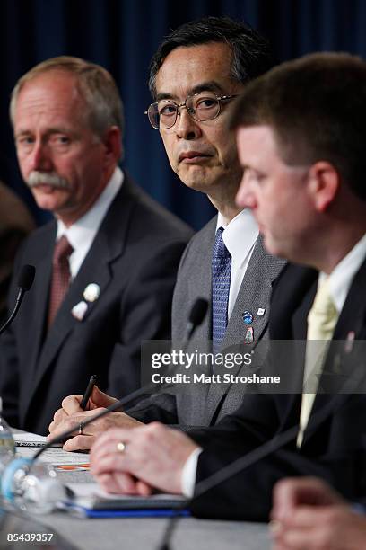 Bill Gerstenmaier, associate administrator for Space Operations, Dr. Keiji Tachikawa, JAXA president, and Mike Moses, chair, Mission Management Team,...