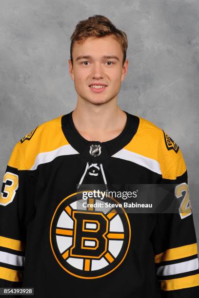 Jakob Forsbacka Karlsson of the Boston Bruins poses for his official headshot for the 2017-2018 season on September 16, 2017 in Boston, Massachusetts.