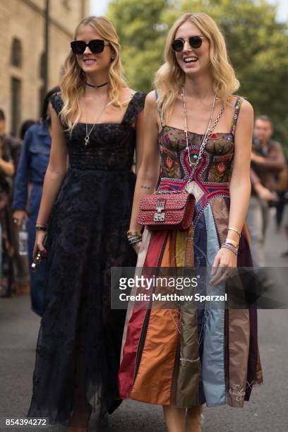Chiara Ferragni and Valentina Ferragni are seen attending Christian Dior during Paris Fashion Week wearing Dior on September 26, 2017 in Paris,...