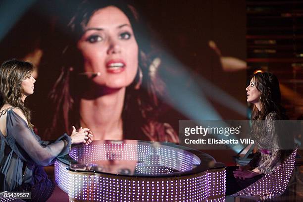 Presenter Paola Perego and Daniela Martani appear on the Italian TV show 'La Fattoria' on March 15, 2009 in Rome, Italy.