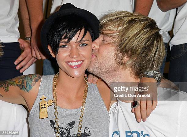 Danny Clayton kisses MC Ruby Rose at the announcement of the 22nd Annual Cleo Bachelor Of The Year at Sydney Central Plaza on March 16, 2009 in...