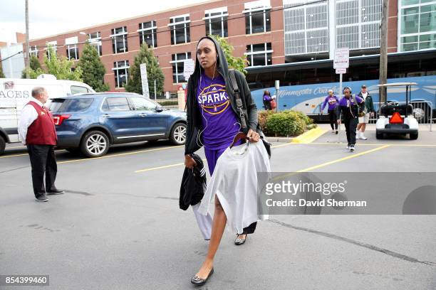 Sandrine Gruda of the Los Angeles Sparks arrives to the arena before the game against the Minnesota Lynx in Game Two of the 2017 WNBA Finals on...
