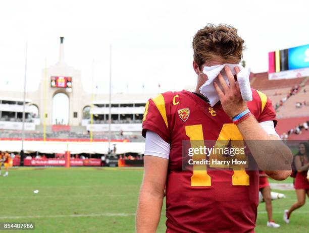 Sam Darnold of the USC Trojans reacts after a 49-31 Trojan win over the Western Michigan Broncos at Los Angeles Memorial Coliseum on September 2,...