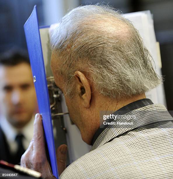 In this handout picture Josef Fritzl arrives at the country court of St. Poelten on the beginning of his trial on March 16, 2009 in St. Poelten,...