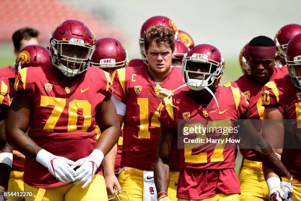 Sam Darnold of the USC Trojans during warm up befoe the game against the Western Michigan Broncos at Los Angeles Memorial Coliseum on September 2,...
