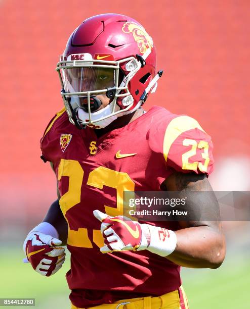 Velus Jones Jr. #23 of the USC Trojans comes to the line of scrimmage during the game against Western Michigan Broncos at Los Angeles Memorial...