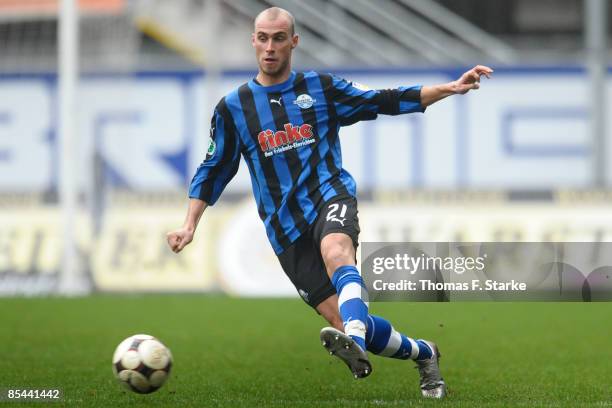 Daniel Brueckner of Paderborn kicks the ball during the 3. Liga match between SC Paderborn and Kickers Emden at the Paragon Arena on March 15, 2009...