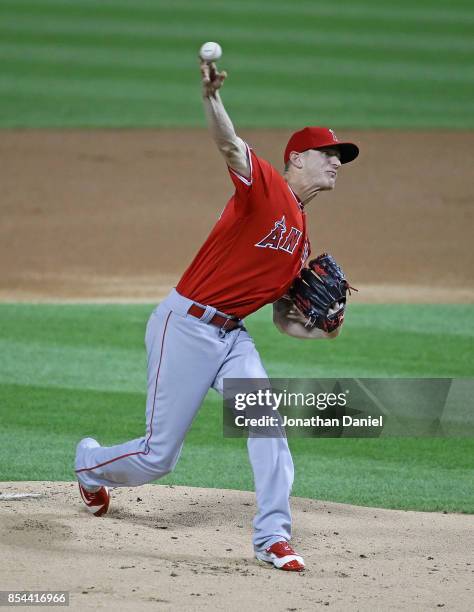 Starting pitcher Parker Bridwell of the Los Angeles Angels delivers the ball against the Chicago White Sox at Guaranteed Rate Field on September 26,...