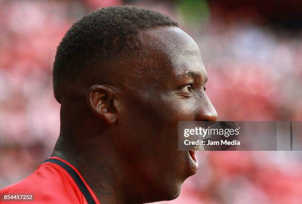 Luis Advincula of Lobos BUAP celebrates after scoring the first goal of his team during the 11th round match between Chivas and Lobos BUAP as part of...