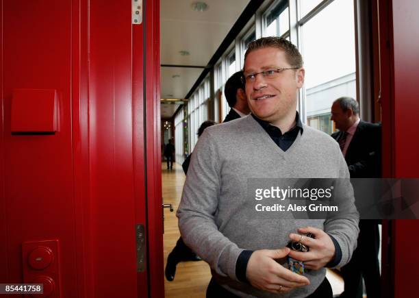 Max Eberl, sport director of Borussia Moenchengladbach arrives for a hearing on the delayed doping test of Hoffenheim players Andreas Ibertsberger...