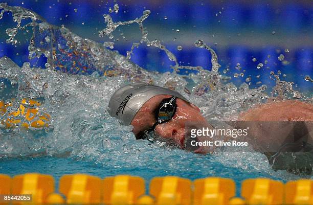 David Davies in action during the Men's Open 400m Freestyle heats during day one of the British Gas Swimming Championships at Ponds Forge on March...