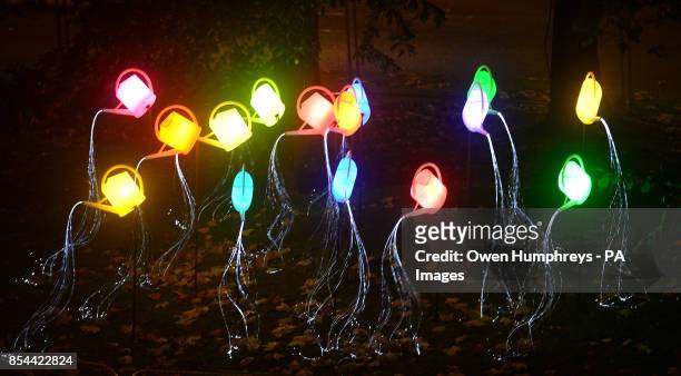 'Guardian Angels' a collection of colourful watering cans that poor out fibre optic 'water' onto grass as part of the Lumiere celebrations in Durham.