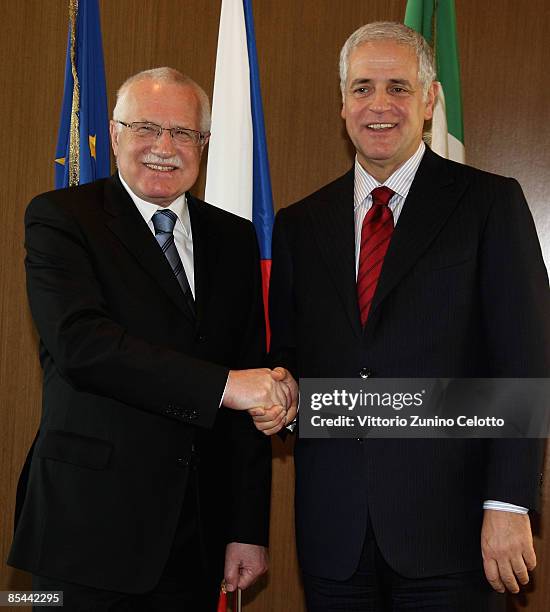 Vaclav Klaus, President of the Czech Republic meets the Lombardy Region President Roberto Formigoni at the Palazzo Della Regione on March 16, 2009 in...