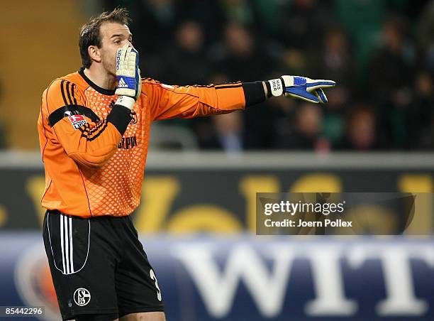 Mathias Schober of Schalke gestures during the Bundesliga match between VfL Wolfsburg and FC Schalke 04 at the Volkswagen Arena on March 13, 2009 in...