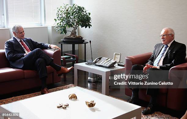 Vaclav Klaus, President of the Czech Republic talks with the Lombardy Region President Roberto Formigoni at the Palazzo Della Regione on March 16,...